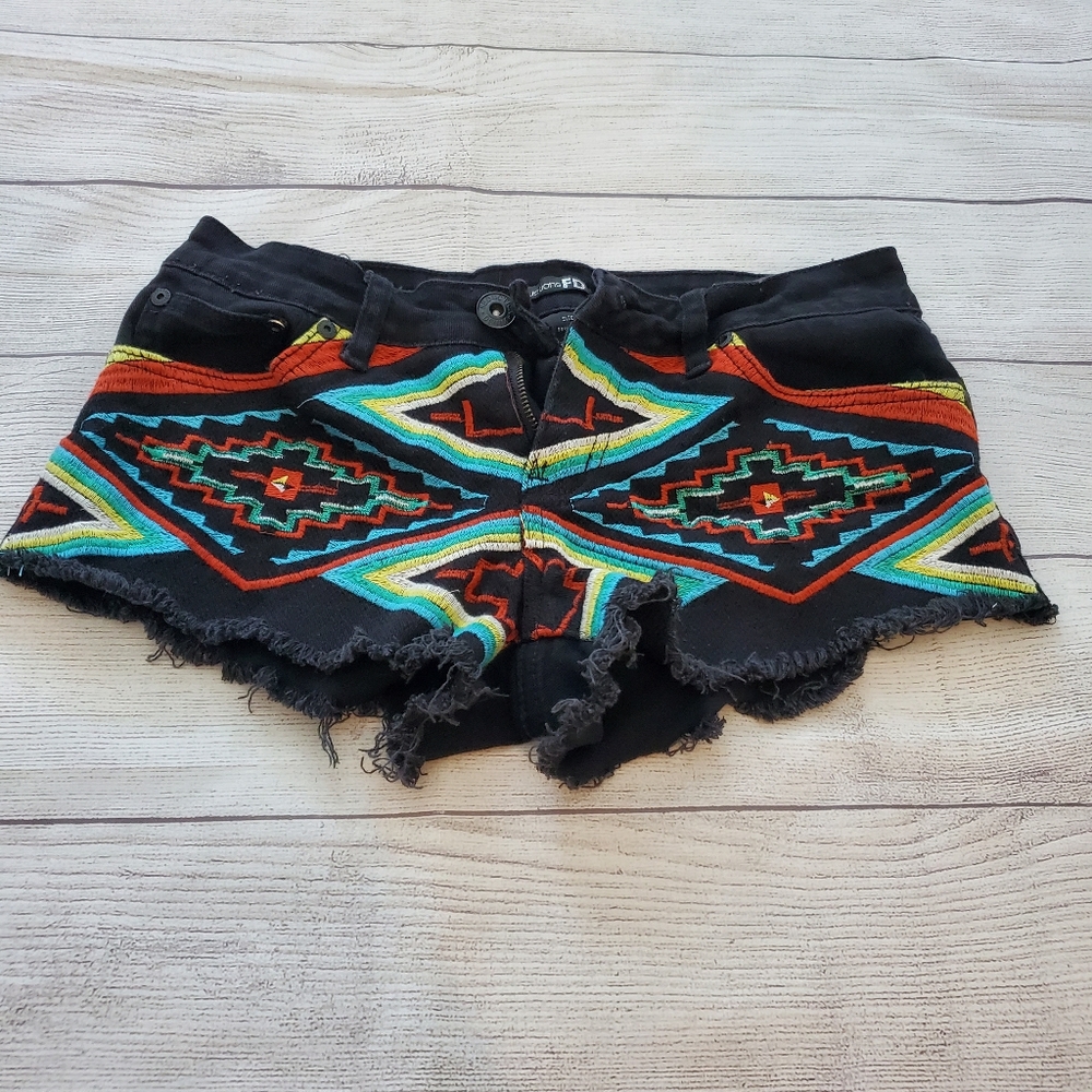 Embroidered Black Jean Shorts with Colorful Aztec Pattern